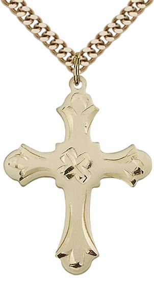 14KT GOLD FILLED CROSS PENDANT ON A CHAIN - 1 1/4" x 7/8"